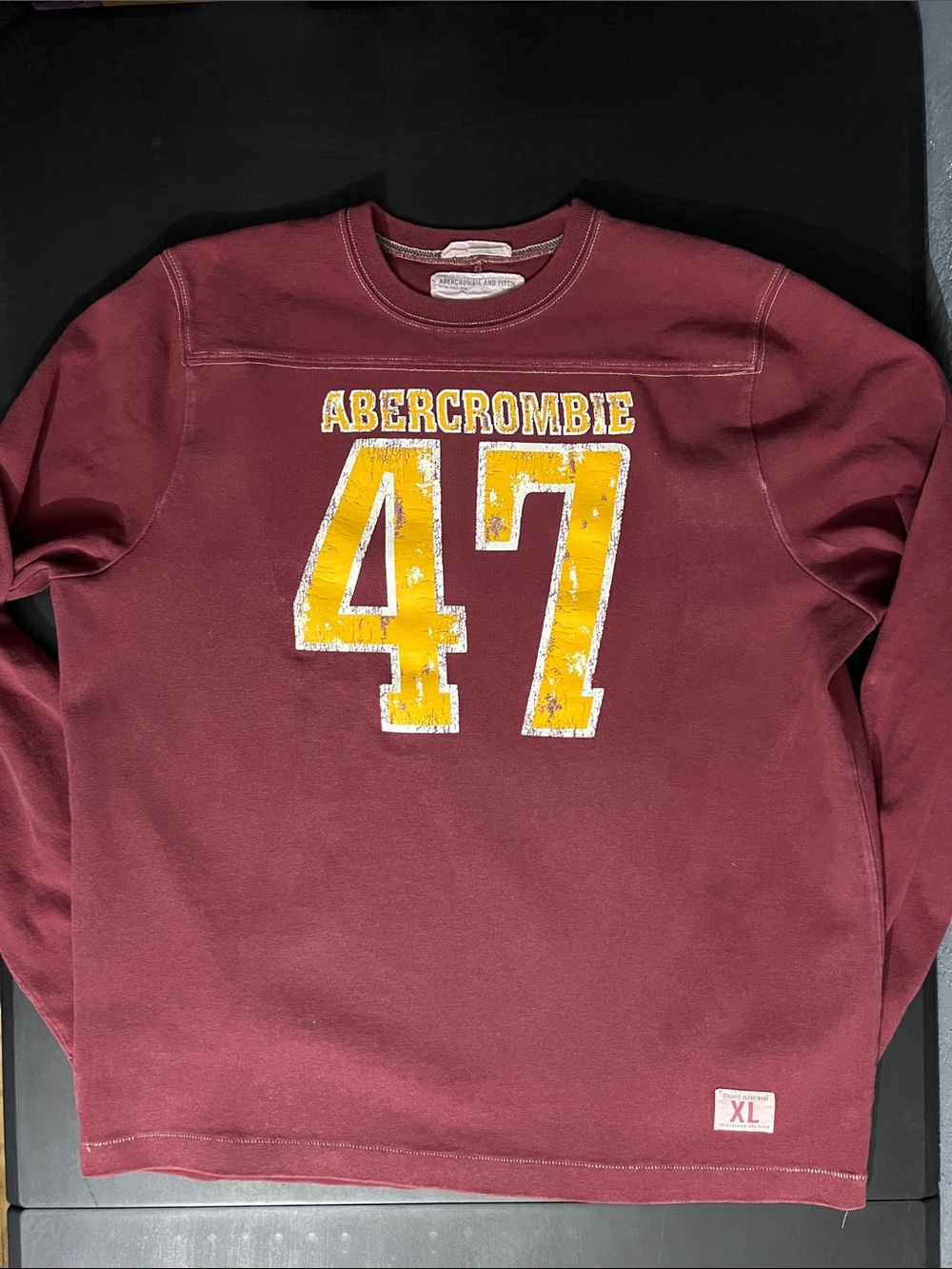 Abercrombie & Fitch Maroon Crewneck Long Sleeve T with Yellow '47' Graphic